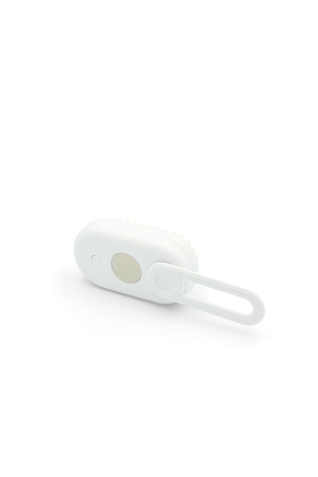 A small white plastic personal alarm or keychain device with a circular button and a loop handle, shown on a plain white background.