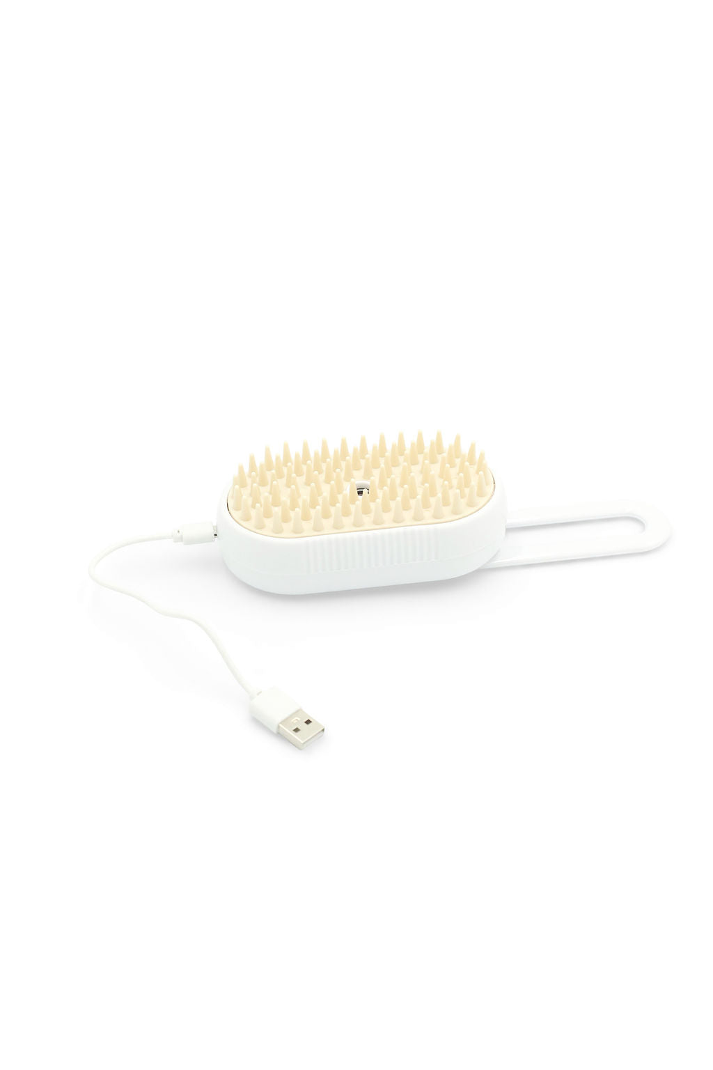 BudgetPaws Spray Grooming Brush for Cats in Tan-White with soft silicone bristles and spray function.