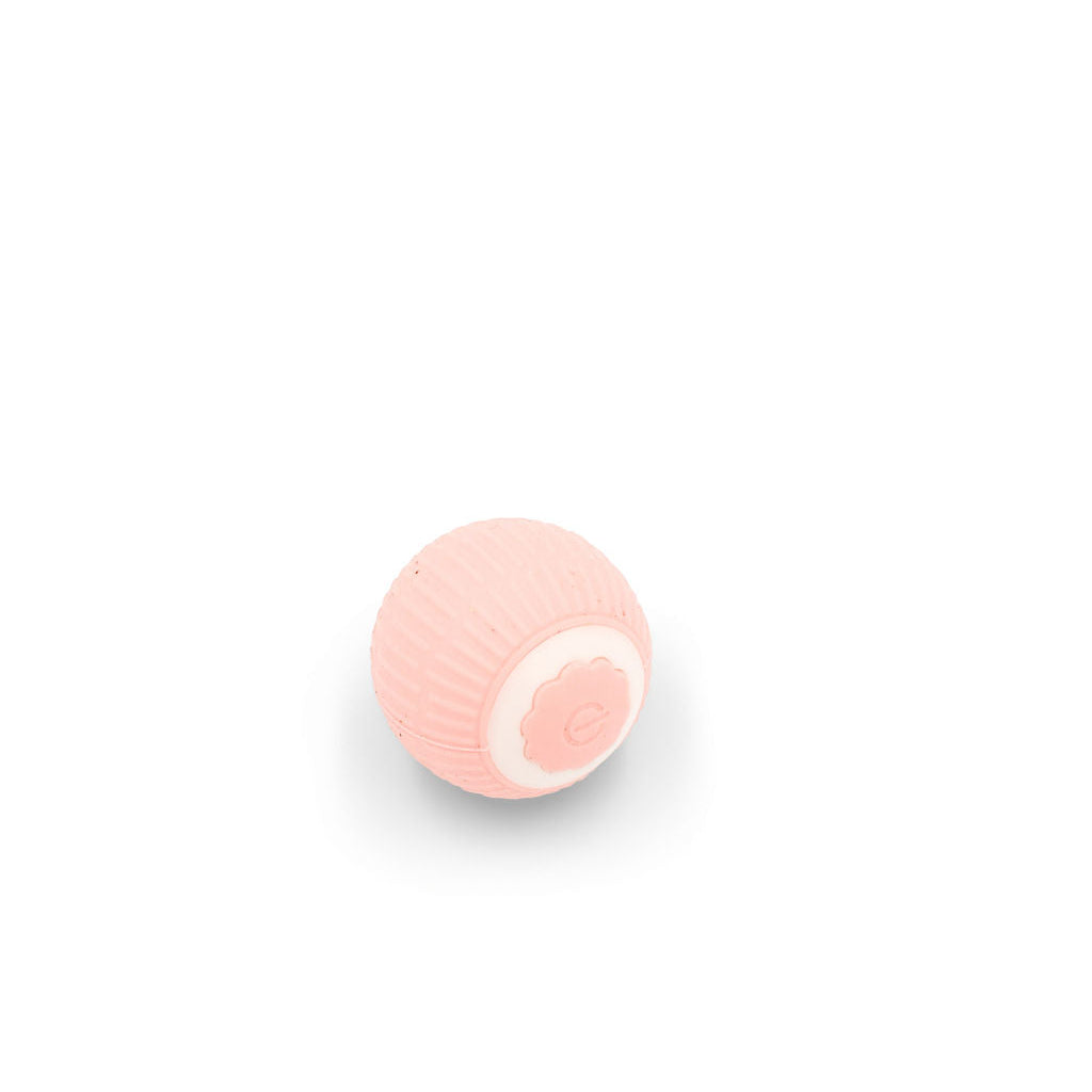 Close-up view of the power button and texture details on the BudgetPaws Soft Petal smart rolling cat ball toy.
