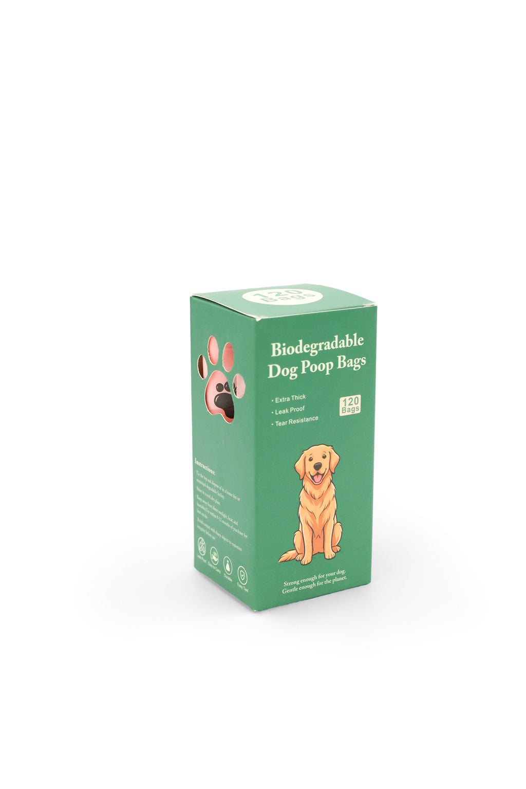 Close-up view of an open roll of BudgetPaws biodegradable leak-proof dog poop bags.