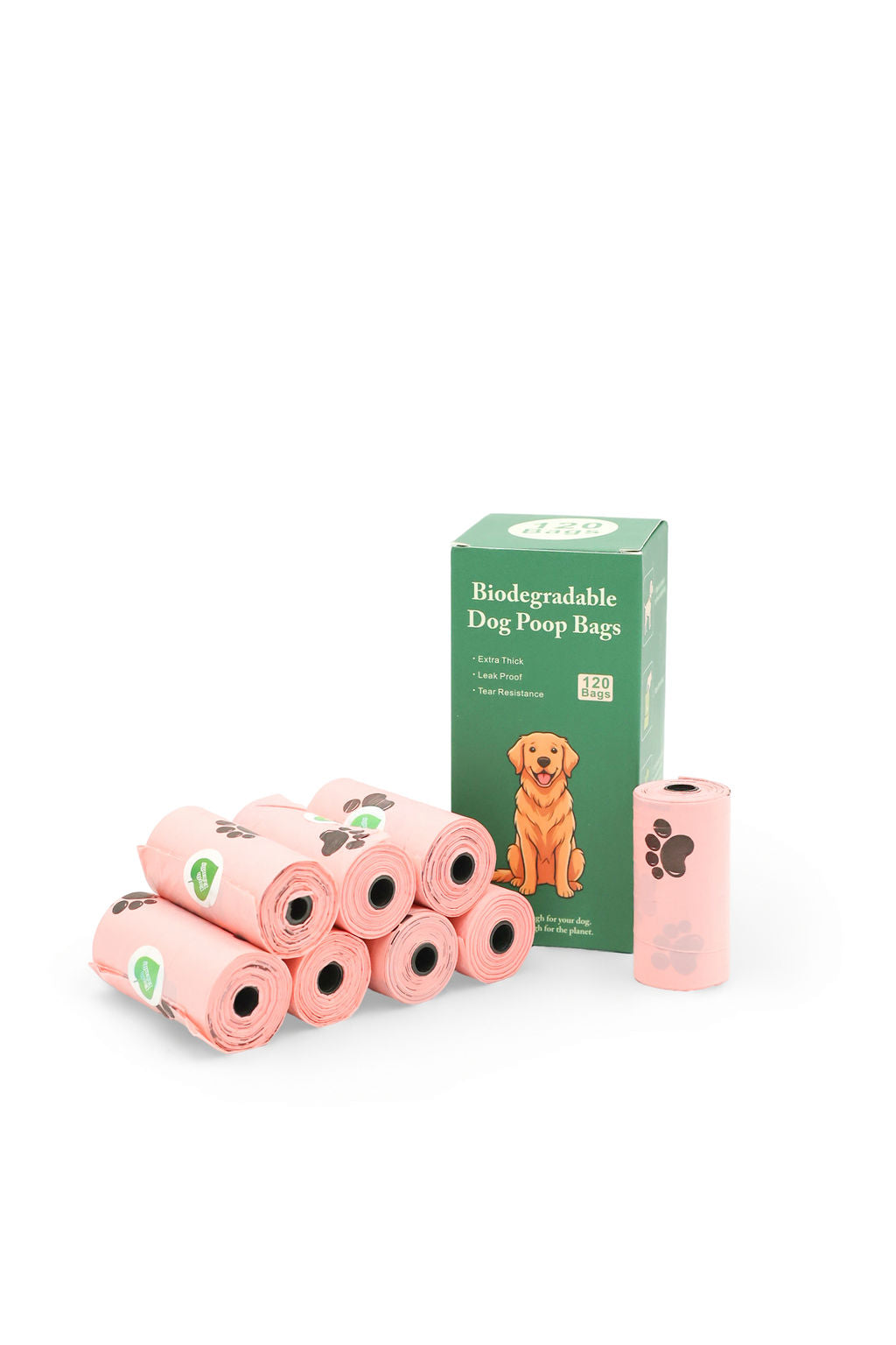BudgetPaws Biodegradable Dog Waste Bags in Pink 8-roll box for daily dog walk cleanup.