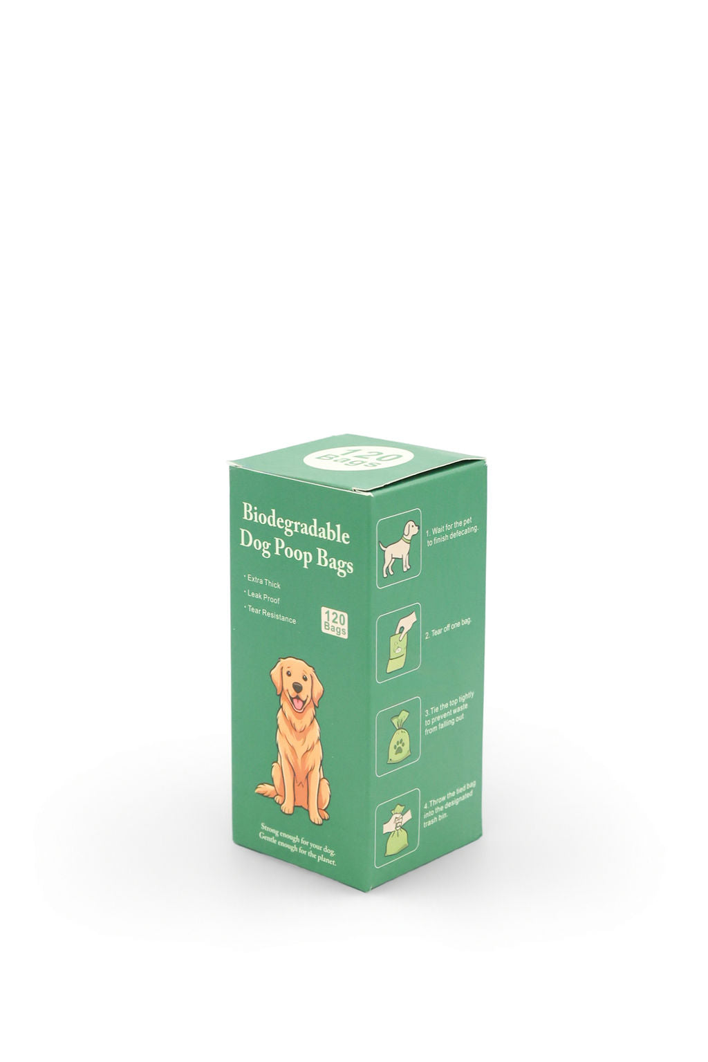 Back view of the BudgetPaws Biodegradable Dog Waste Bags box showing pack size and feature details.