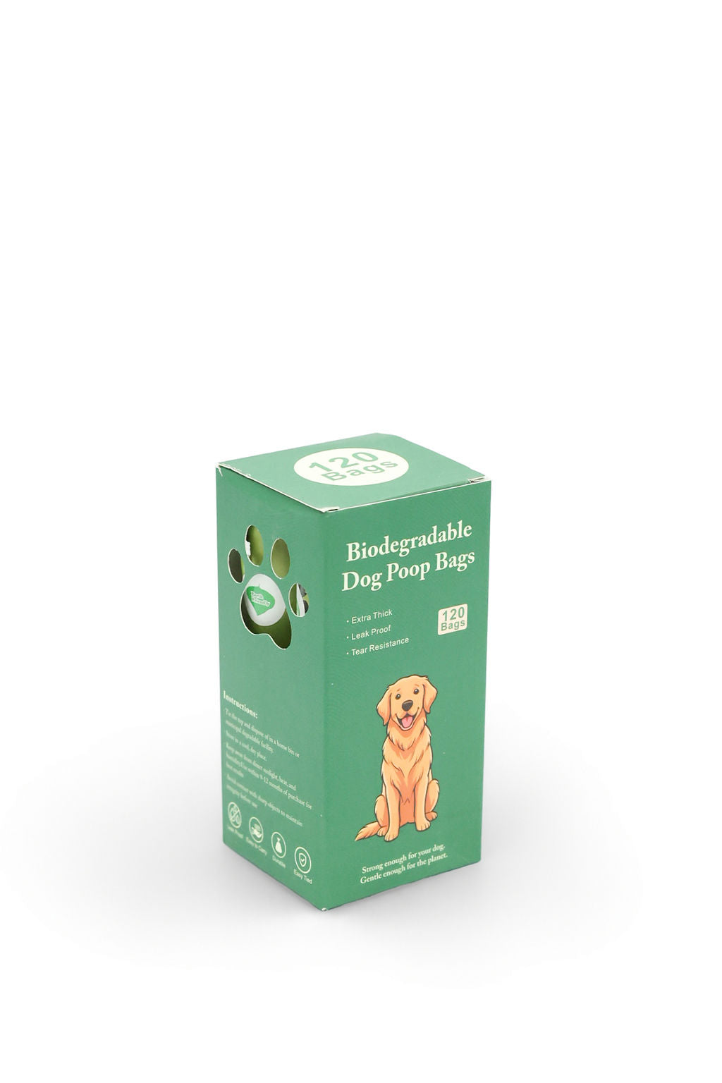 A green box of biodegradable dog poop bags with a cartoon golden retriever on the front, set against a plain white background.