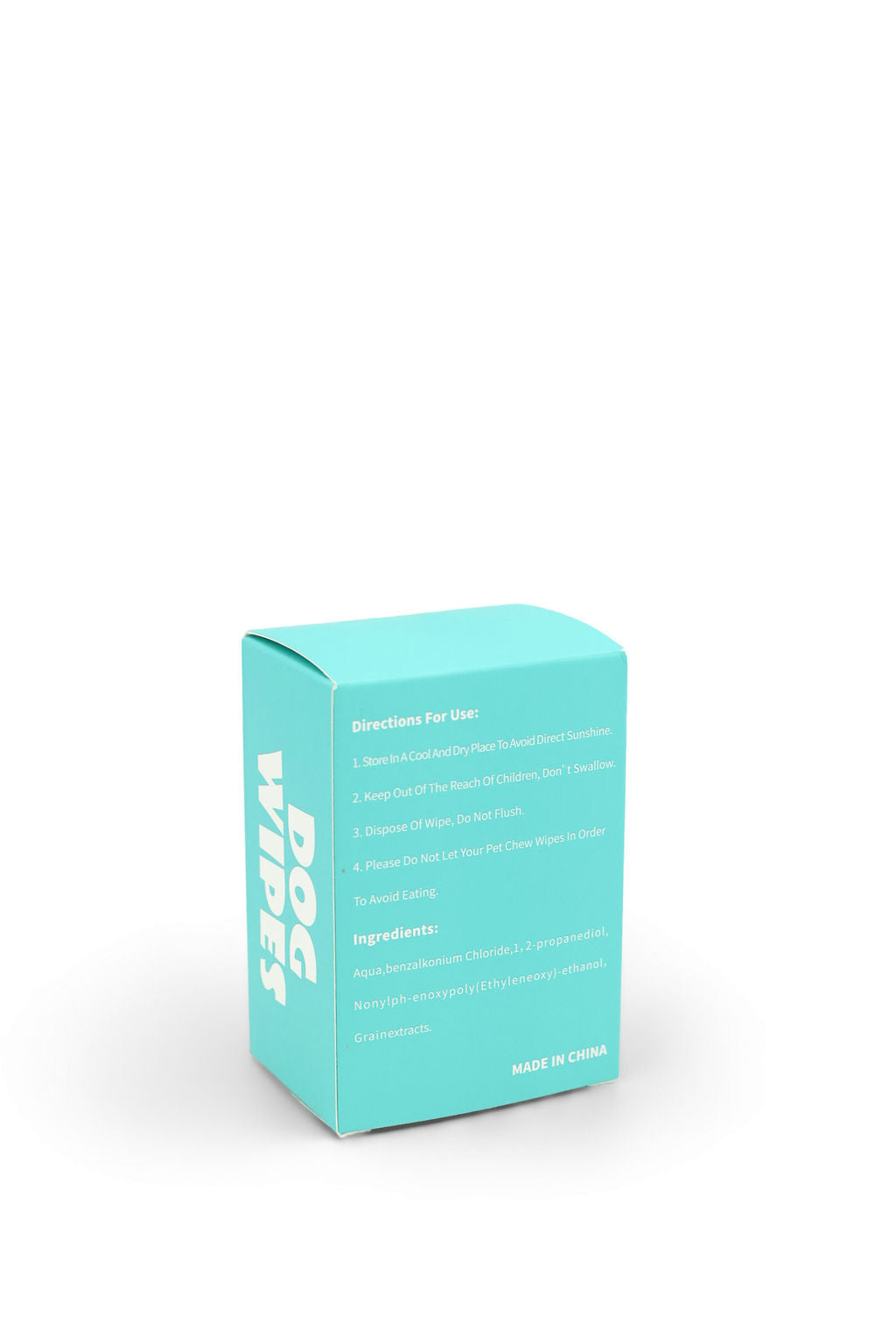 A turquoise product box with white text reading 'DOG WIPES' on the side, photographed on a clean white background.