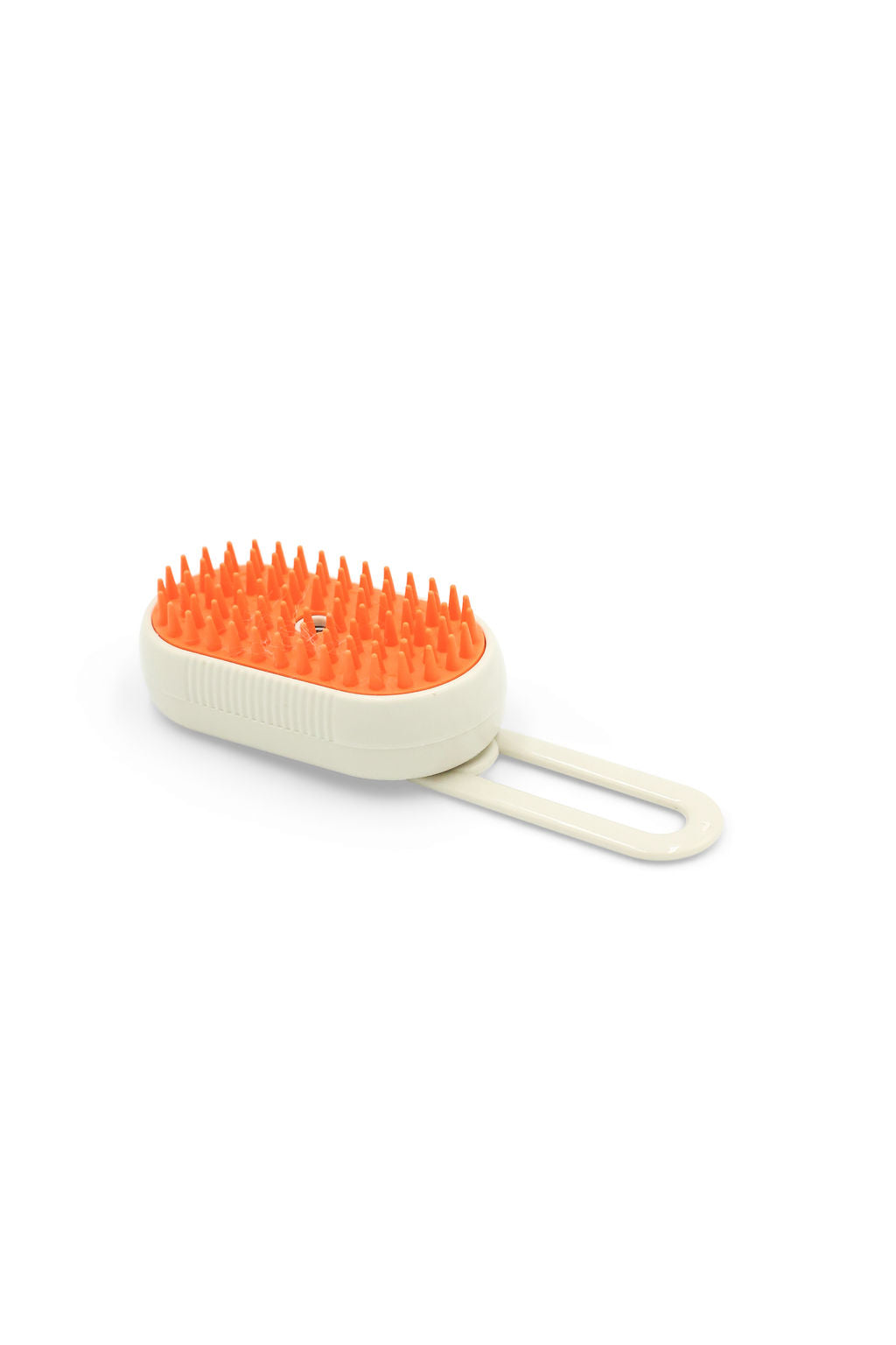 An orange and off-white silicone pet grooming brush with a handle, shown on a plain white background.