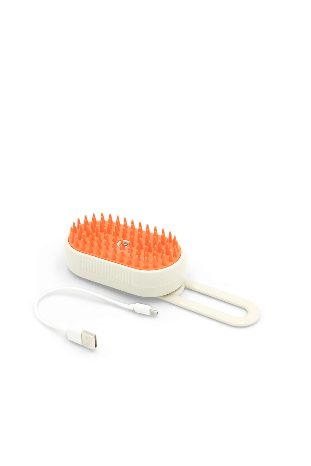 BudgetPaws Spray Grooming Brush for Cats in Orange-Beige showing the ergonomic handle and mist spray feature.