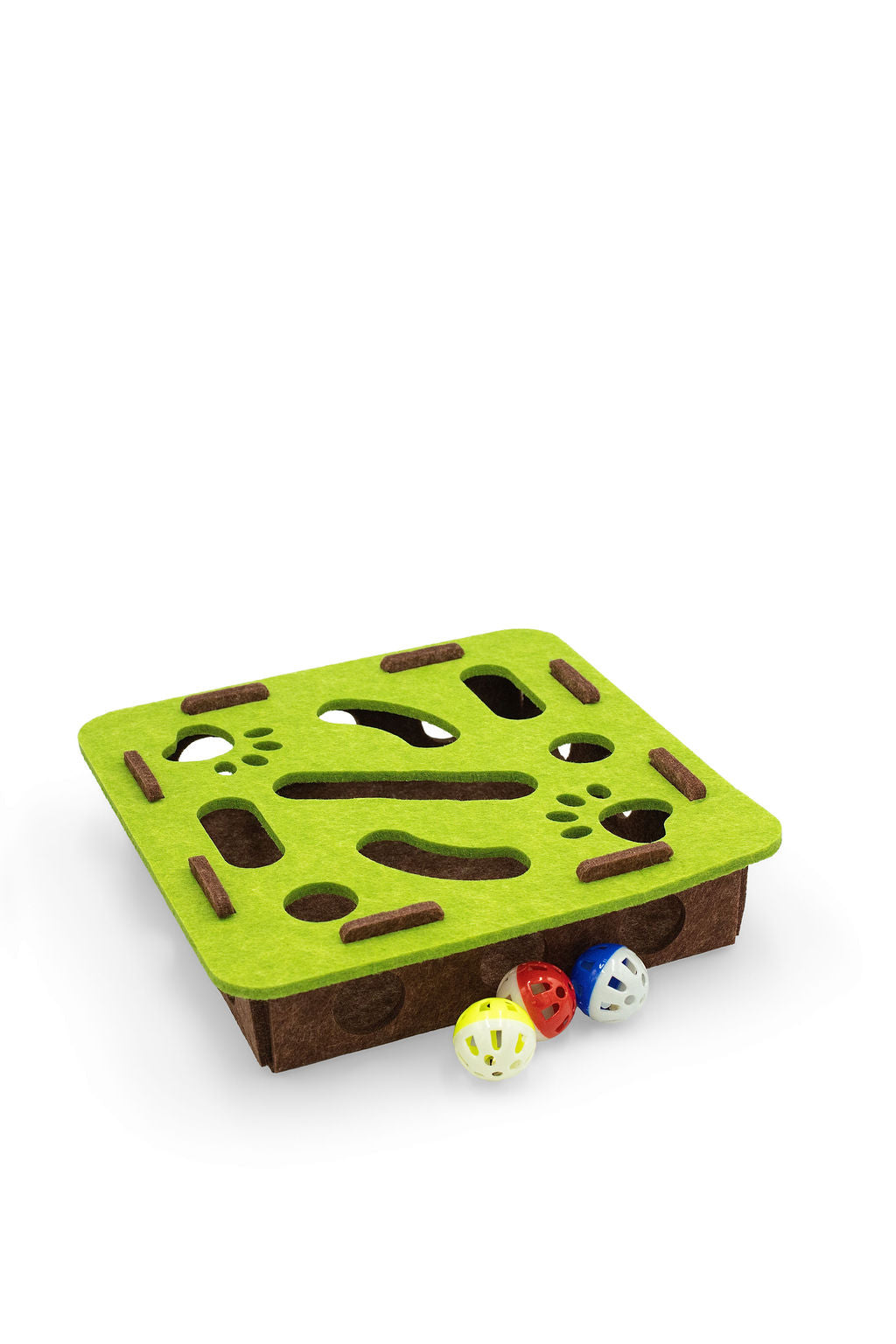 BudgetPaws Interactive Felt Maze Puzzle for Cats in Wild Grass featuring a multi-layer green felt track with 3 included play balls (ball colors may vary).