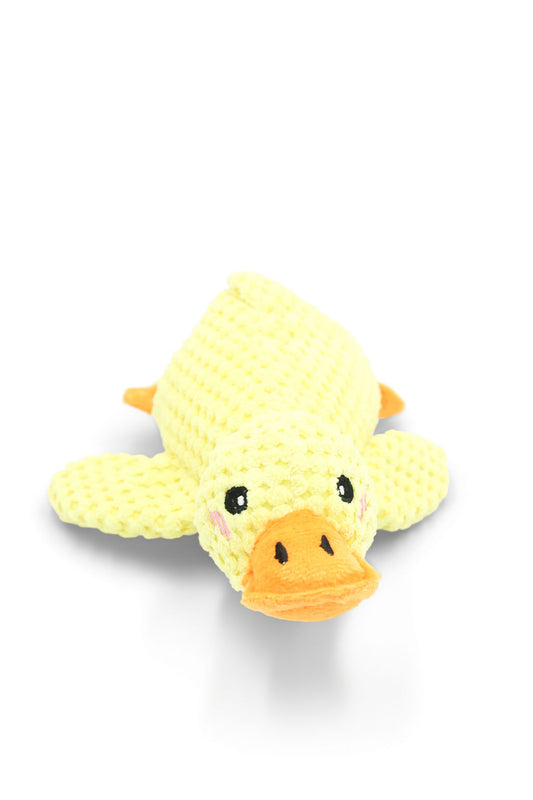 BudgetPaws Sunflower Yellow plush duck dog toy in bright yellow with an internal squeaker, photographed on a white background.