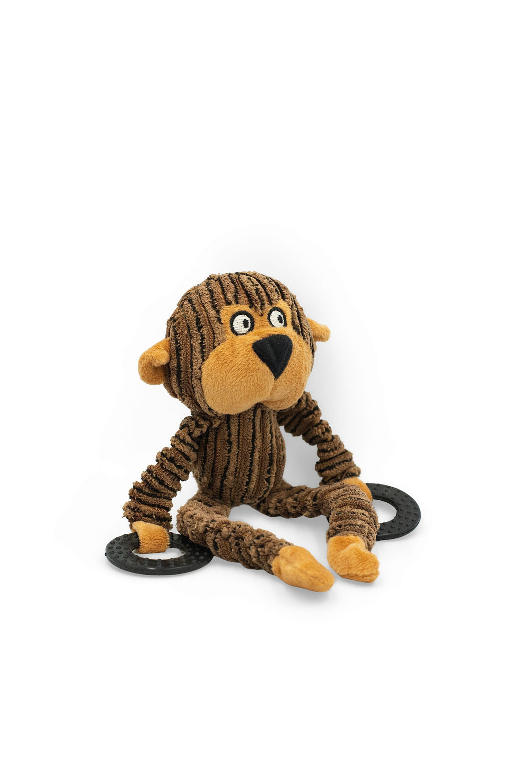 BudgetPaws Scout the Monkey Squeaky Plush Dog Toy sitting upright, featuring soft textured brown plush fabric and striped arms and legs.