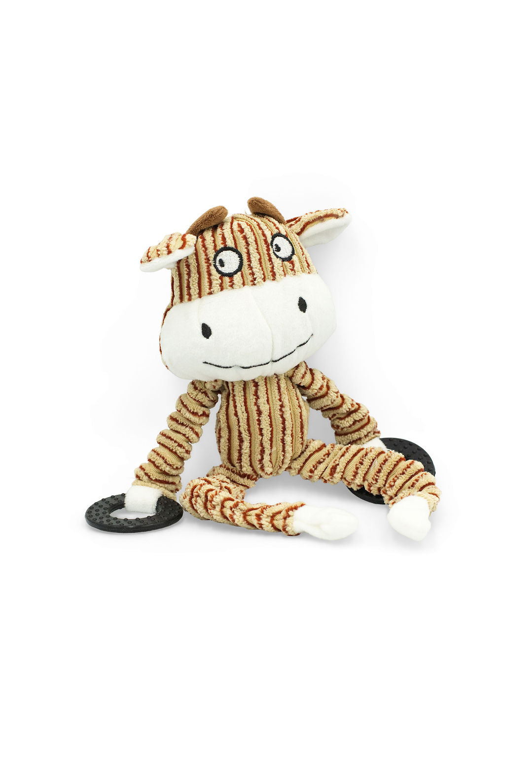 BudgetPaws Buttercup the Calf Squeaky Plush Dog Toy sitting upright, featuring soft textured plush fabric and striped accent legs.