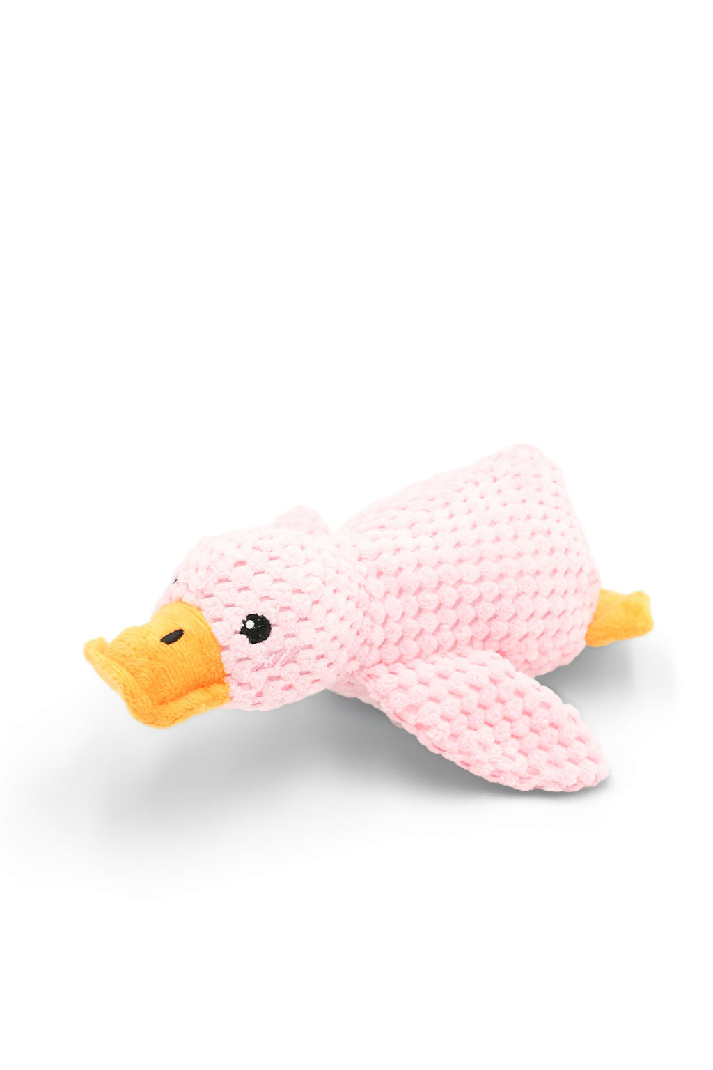 Side angle view of the BudgetPaws Soft Petal pink plush duck dog toy.