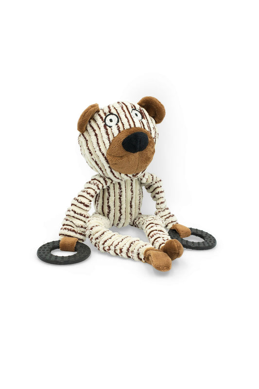 BudgetPaws Boots the Bear Squeaky Plush Dog Toy sitting upright, featuring textured brown plush fabric and striped arms and legs.