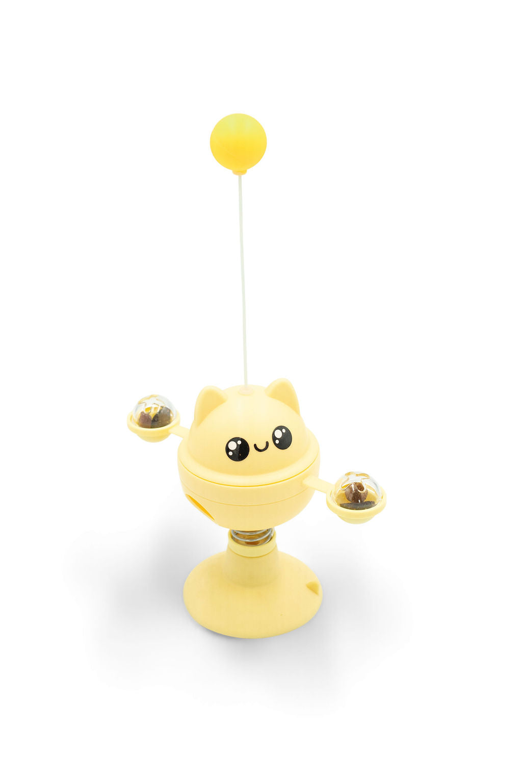 BudgetPaws Suction Cup Rotating Cat Toy in Sunflower Yellow featuring a vibrant yellow base with a spring-mounted ball and spinning cat teaser.