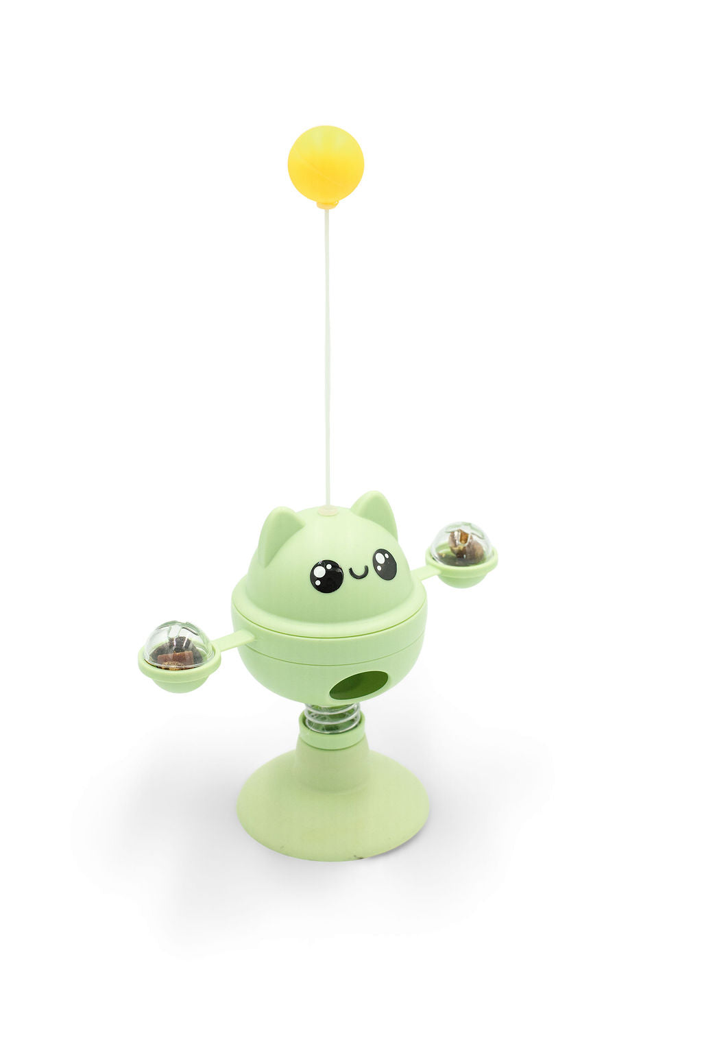 BudgetPaws Suction Cup Rotating Cat Toy in Budget Green featuring a green base with a spring-mounted ball and spinning cat teaser.