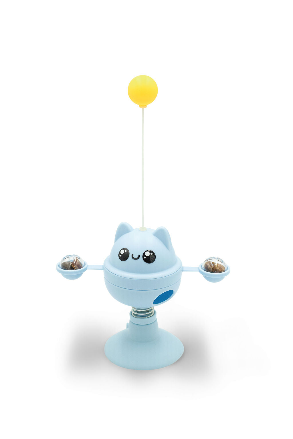 BudgetPaws Suction Cup Rotating Cat Toy in Sky Breeze featuring a light blue base with a spring-mounted ball and spinning cat teaser.