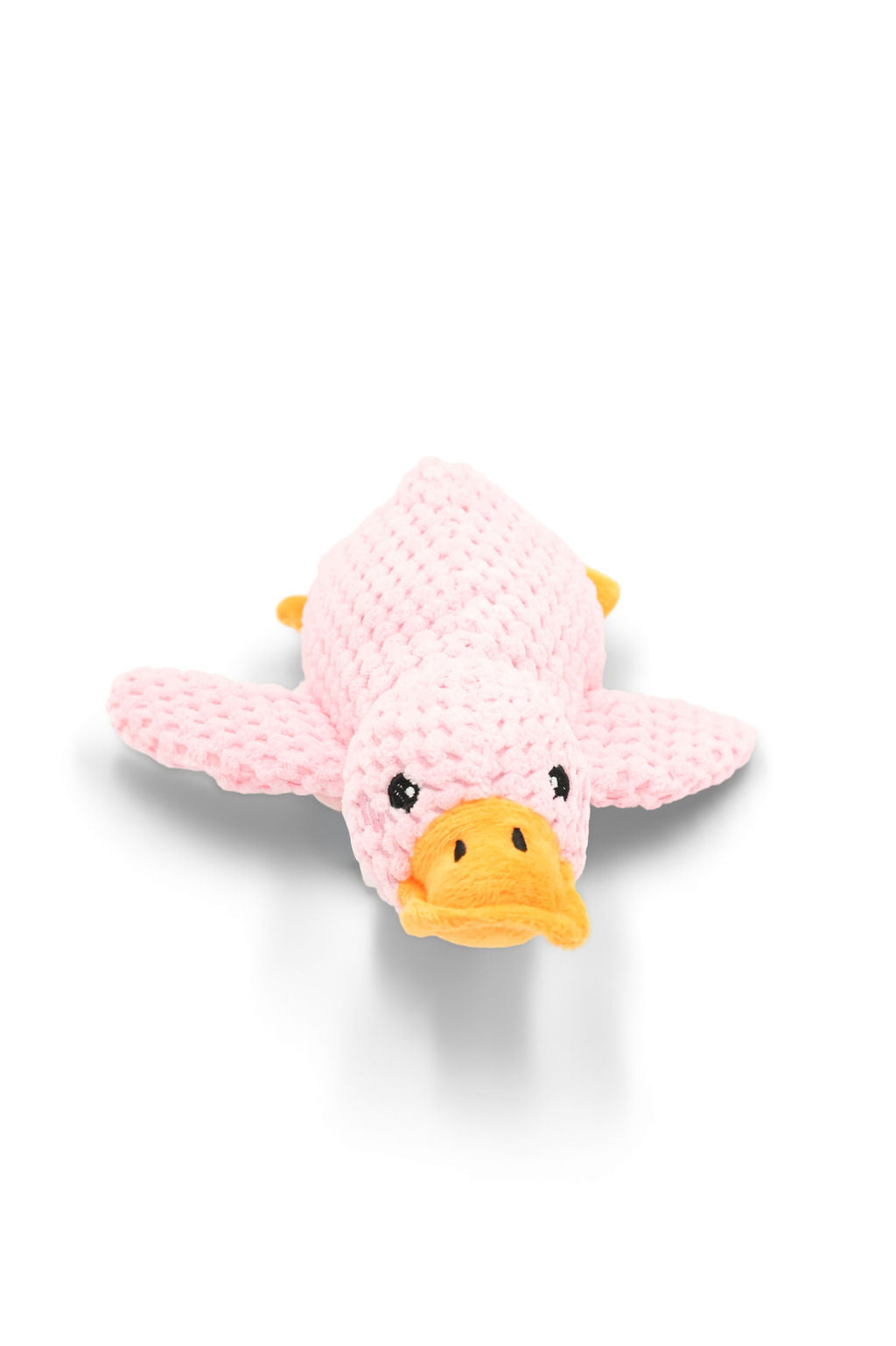 BudgetPaws Soft Petal plush duck dog toy in soft pink with an internal squeaker, photographed on a white background.