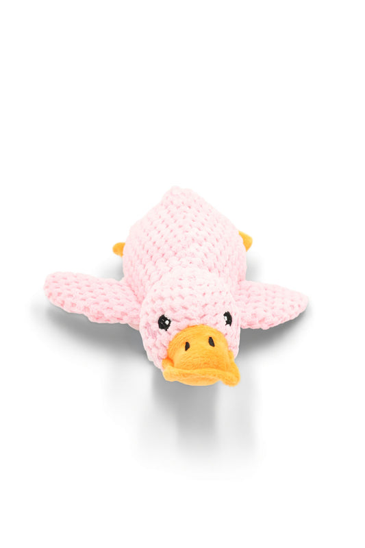 BudgetPaws Soft Petal plush duck dog toy in soft pink with an internal squeaker, photographed on a white background.