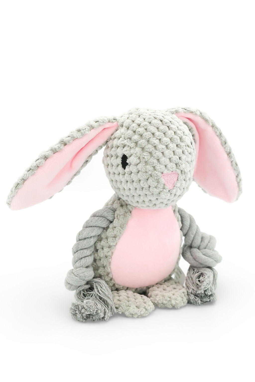 BudgetPaws Hazel squeaky plush rope dog toy in soft grey rabbit plush with long ears and durable rope arms, photographed on a white background.