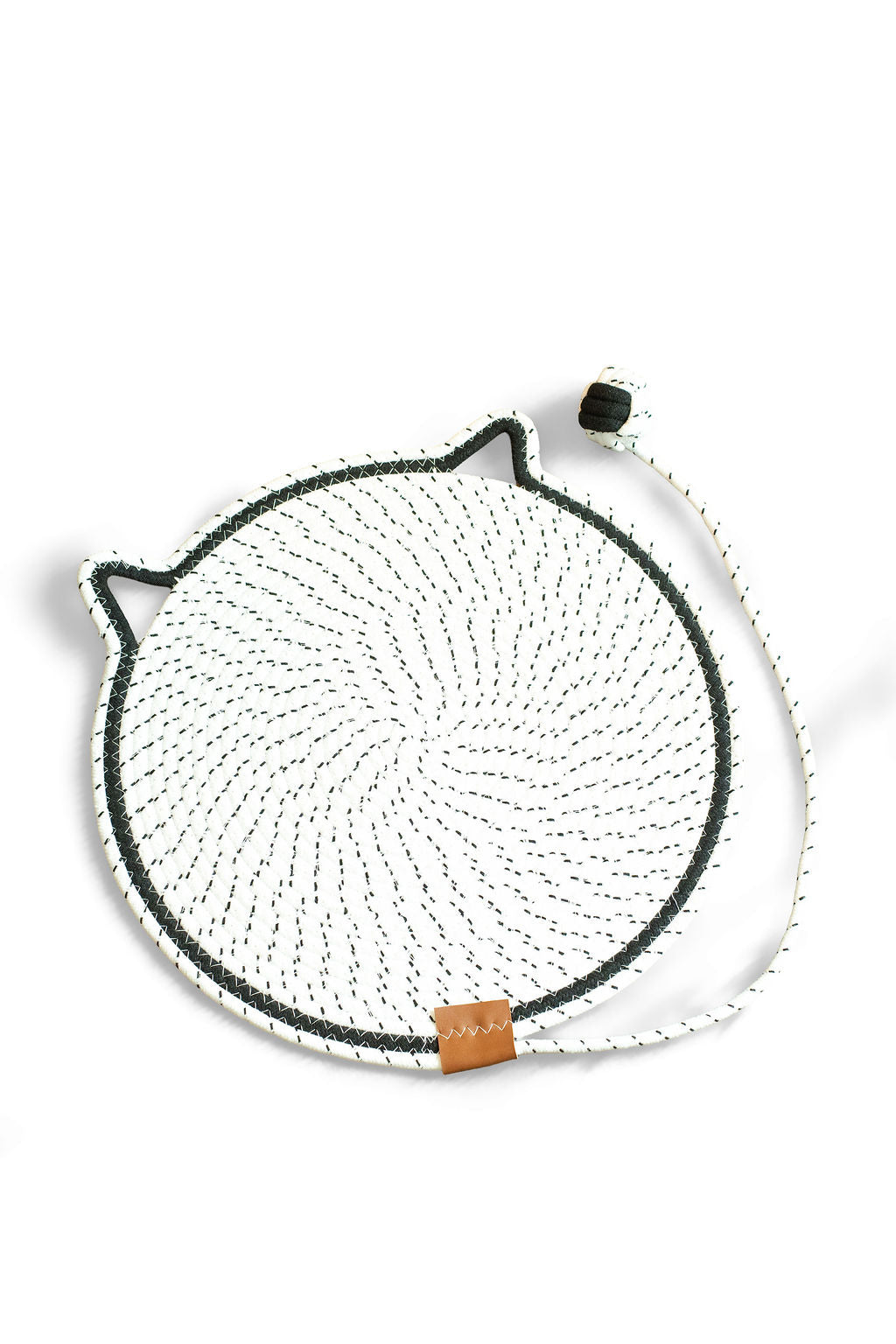 BudgetPaws Cotton Rope Woven Cat Mat in Frost White (16.5 in / ~42 cm) featuring a textured woven rope design and attached play ball.