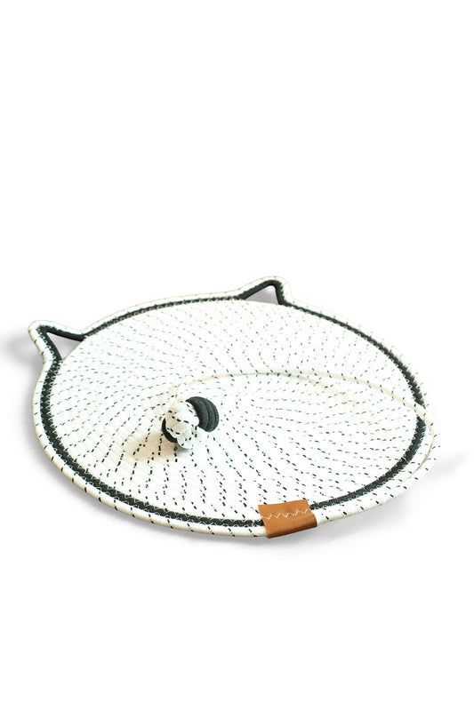 BudgetPaws Cotton Rope Woven Cat Mat in Frost White (16.5 in / ~42 cm) featuring a textured woven rope design and attached play ball.
