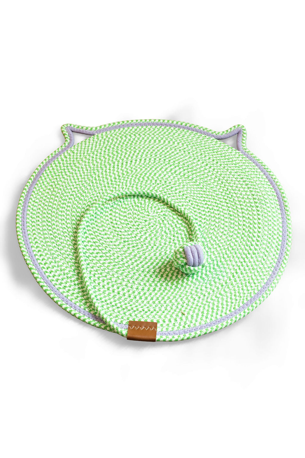 BudgetPaws Cotton Rope Woven Cat Mat in Budget Green (20 in / ~50 cm) featuring a textured woven rope design and attached play ball.