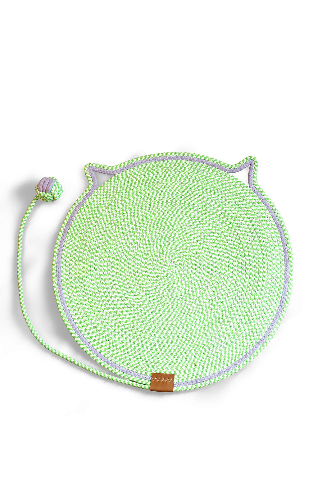 BudgetPaws Cotton Rope Woven Cat Mat in Budget Green (20 in / ~50 cm) featuring a textured woven rope design and attached play ball.