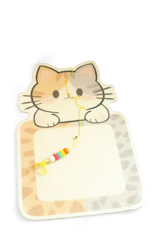 BudgetPaws Vertical Cat Scratching Pad in Sunset Orange, featuring an adhesive backing for wall mounting, central scratching surface, and a dangling toy.