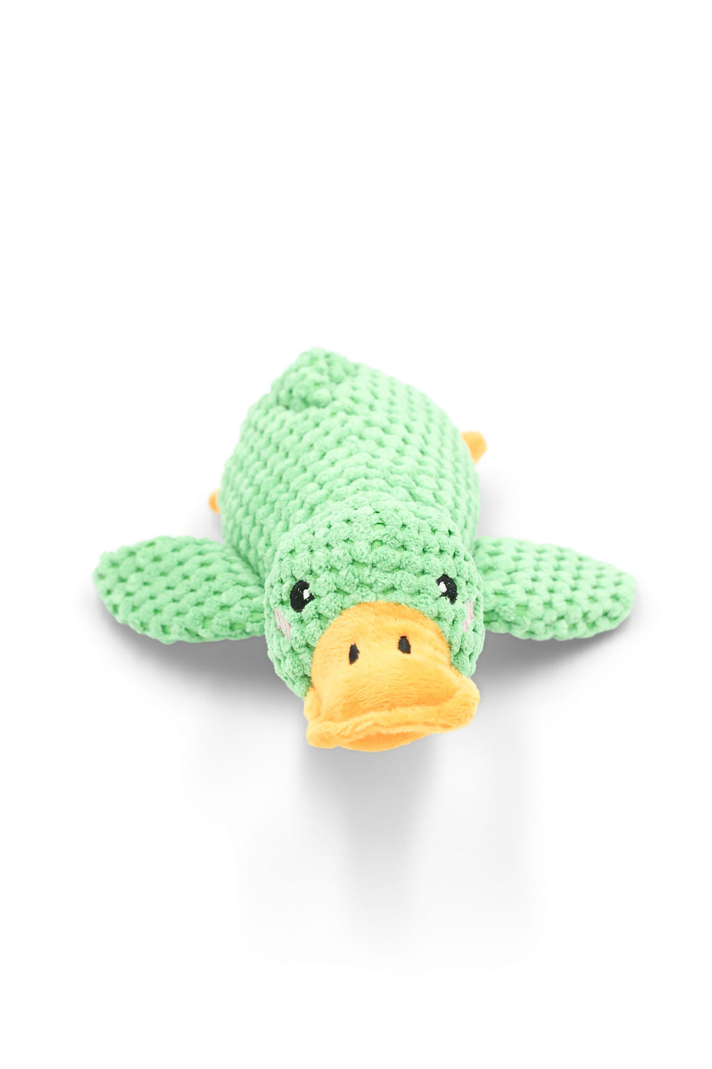BudgetPaws Mint Dew plush duck dog toy in soft green with an internal squeaker, photographed on a white background.