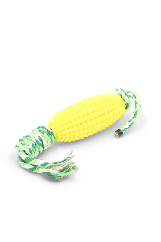 Side view of the BudgetPaws Sunflower Yellow corn chew stick tug toy for dogs.