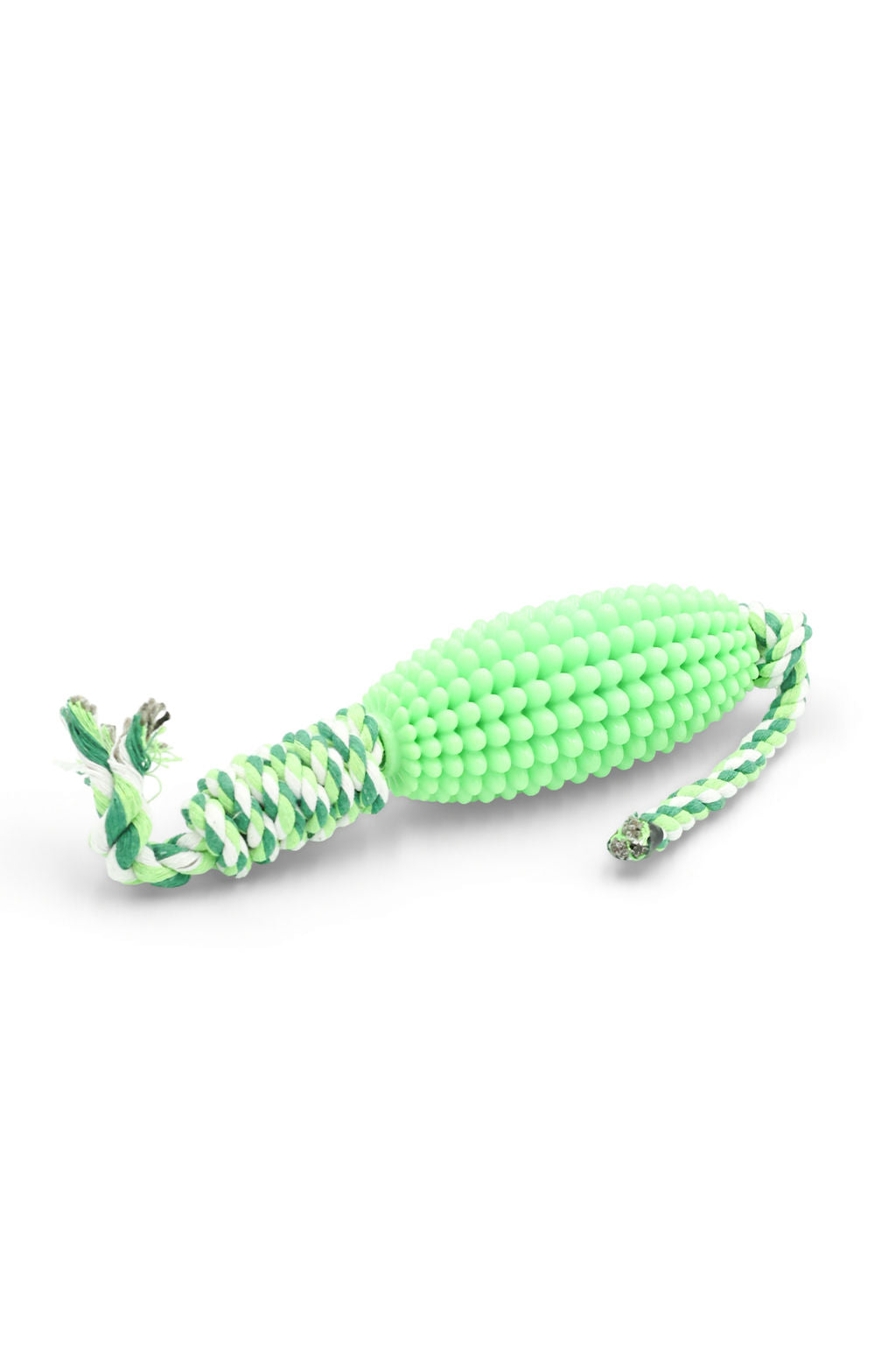 BudgetPaws Budget Green corn chew stick tug toy with textured green corn ridges and rope ends, photographed on a white background.