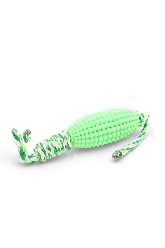 BudgetPaws Budget Green corn chew stick tug toy with textured green corn ridges and rope ends, photographed on a white background.