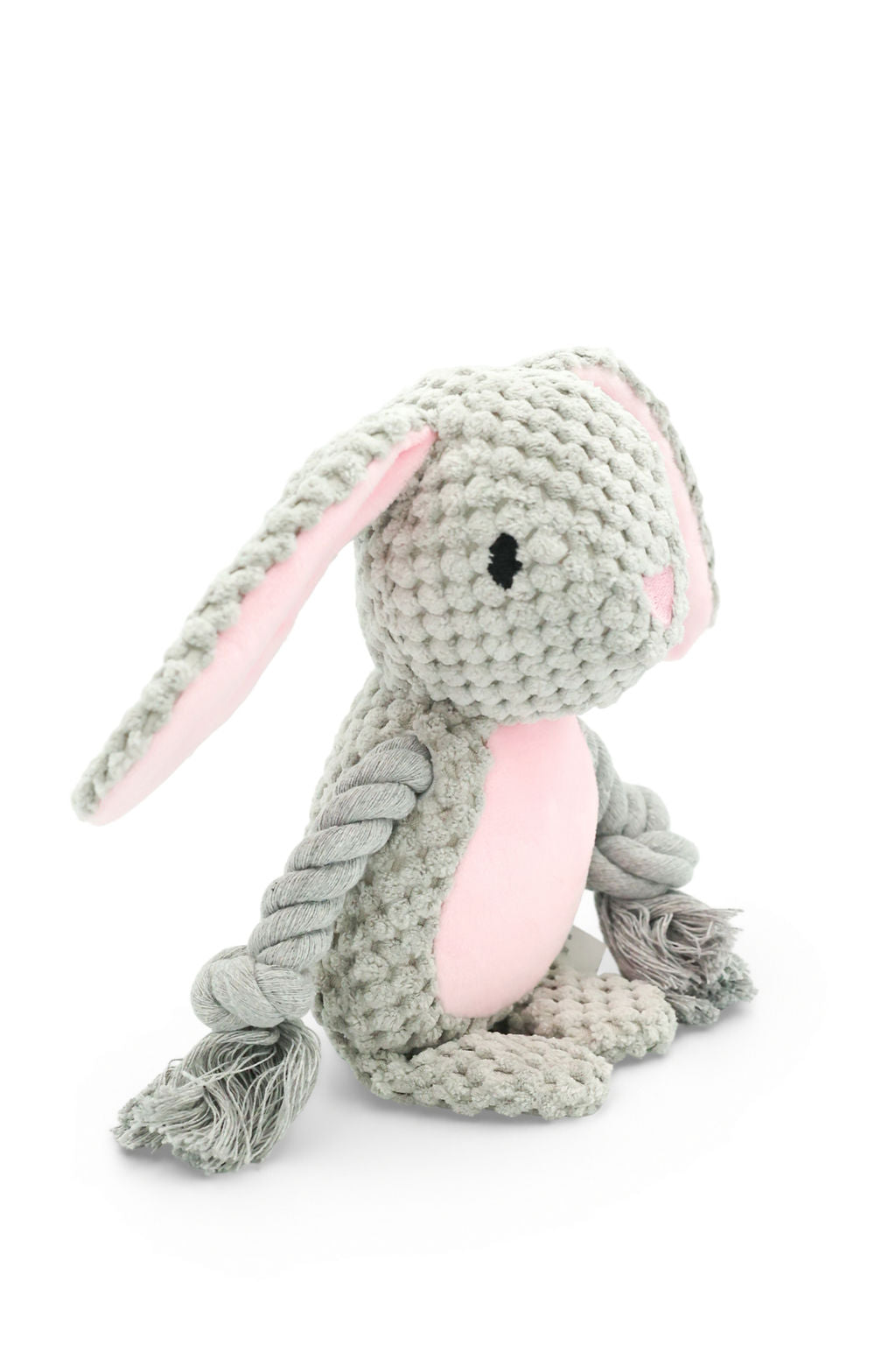 Side angle view of the BudgetPaws Hazel squeaky plush rabbit rope dog toy.