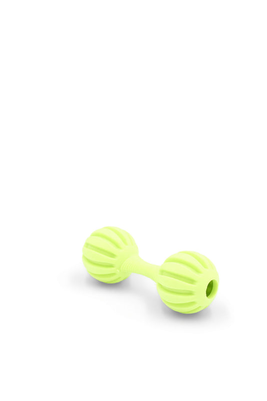 BudgetPaws Chime Barbell dog toy in Budget Green, photographed on a white background.