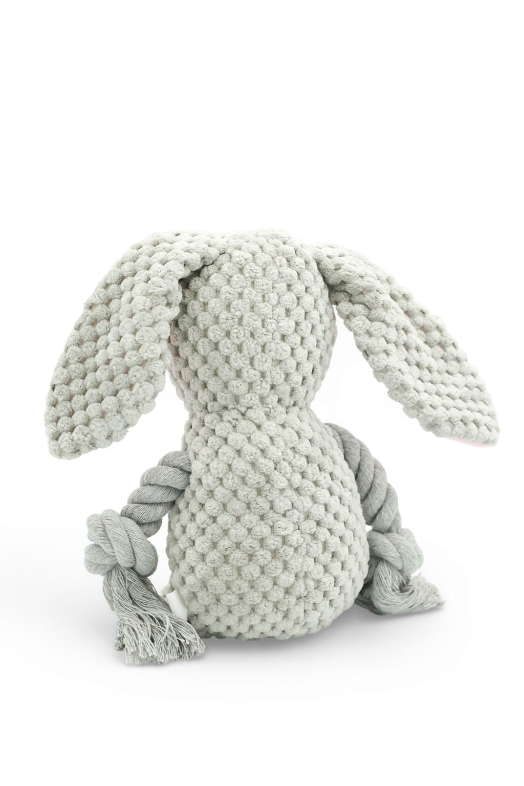 Close-up view of the plush rabbit texture and woven rope arms on the BudgetPaws Hazel dog toy.