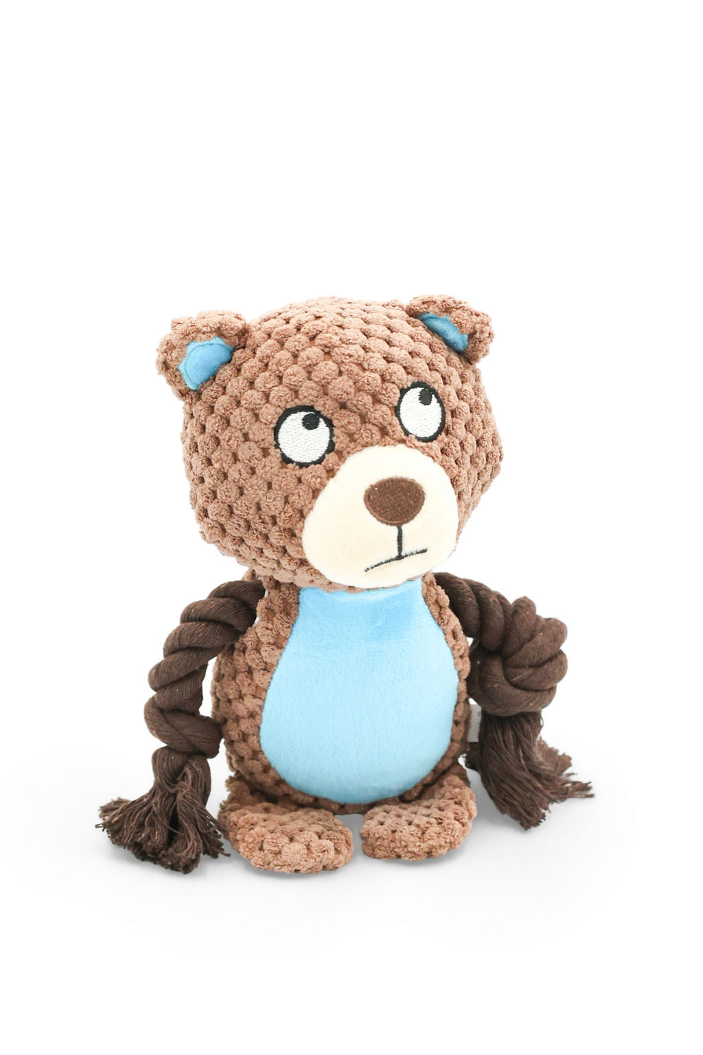 BudgetPaws Snoozer squeaky plush rope dog toy in soft brown bear plush with durable rope arms, photographed on a white background.
