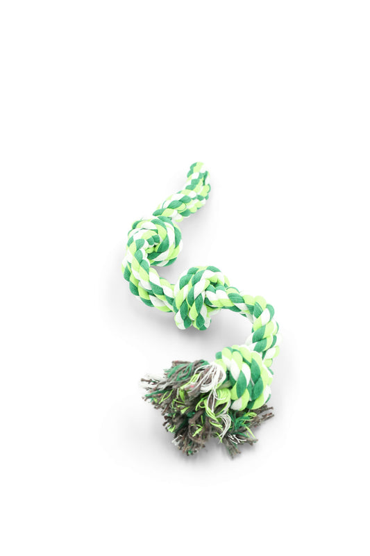 Close-up view of the thick woven cotton fibers on the BudgetPaws Budget Green heavy-duty rope tug toy.