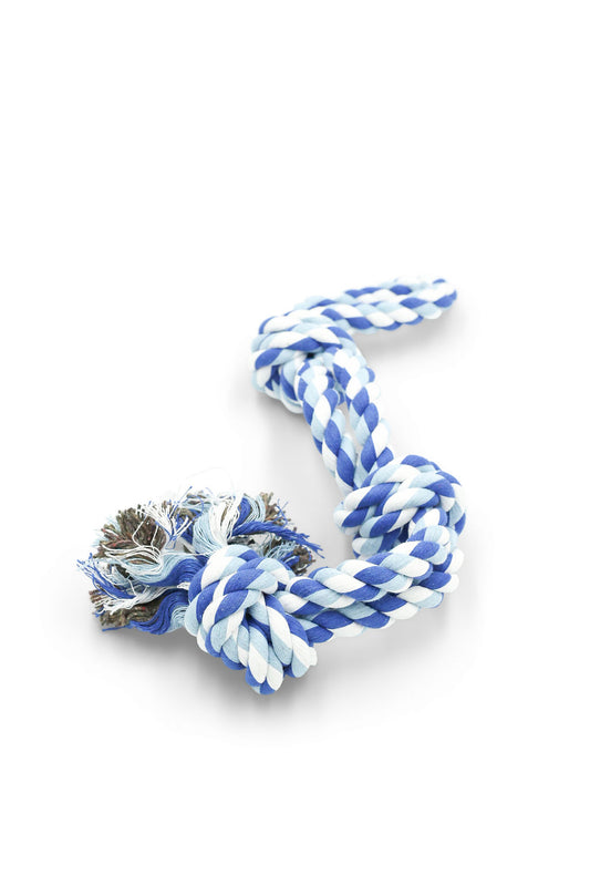 Close-up view of the thick woven cotton fibers on the BudgetPaws Ocean Blue heavy-duty rope tug toy.
