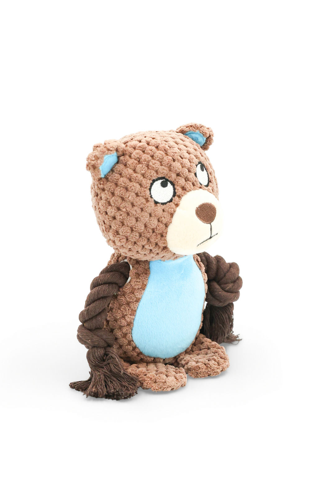 Side angle view of the BudgetPaws Snoozer squeaky plush bear rope dog toy.