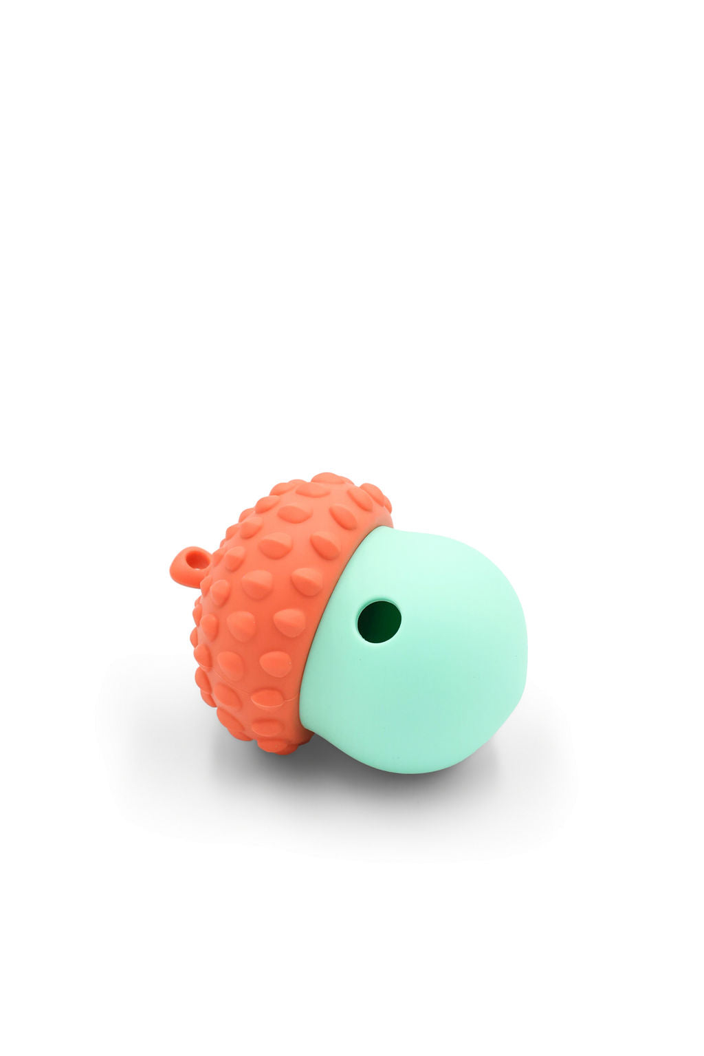 Side angle view of the BudgetPaws Acorn treat dispensing cat toy in Sky Breeze blue.