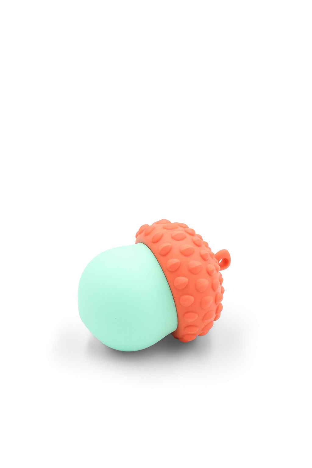 Close-up view of the treat dispensing opening on the BudgetPaws Acorn cat toy in Sky Breeze blue.