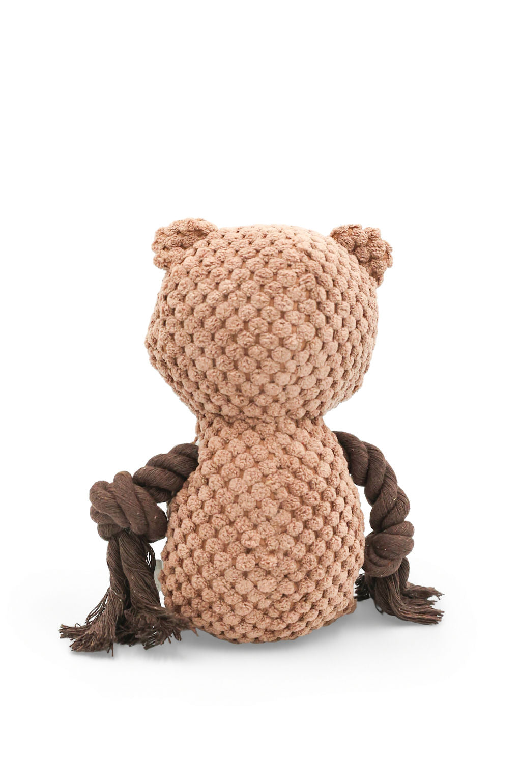 Close-up view of the plush bear texture and woven rope arms on the BudgetPaws Snoozer dog toy.