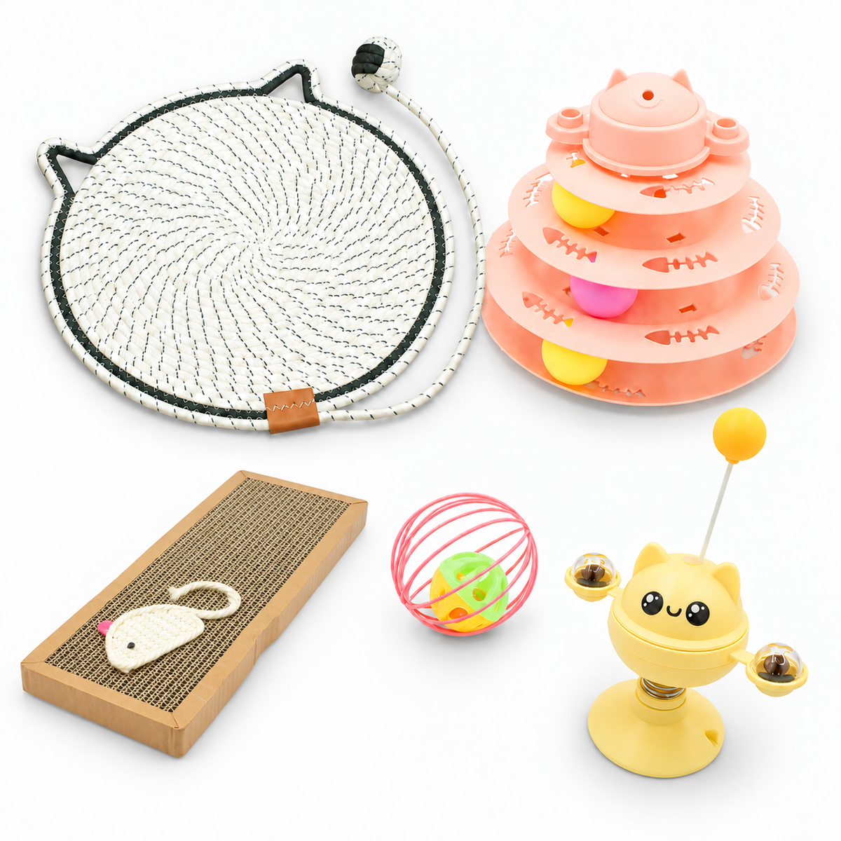 Budget Paws Girls’ Cat Toy Bundle | 5-Pack with Ball Tower, Scratch Pads & Interactive Toys