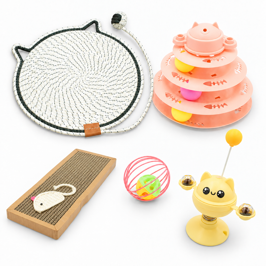 Budget Paws Girls’ Cat Toy Bundle | 5-Pack with Ball Tower, Scratch Pads & Interactive Toys