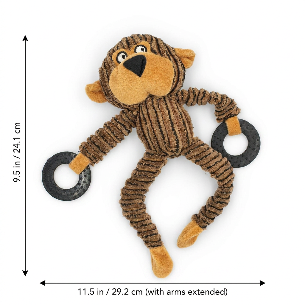 Front view of Scout the Monkey plush dog toy with measurement overlay arrows indicating a height of 9.5 in (24.1 cm) and a width with arms extended of 11.5 in (29.2 cm).