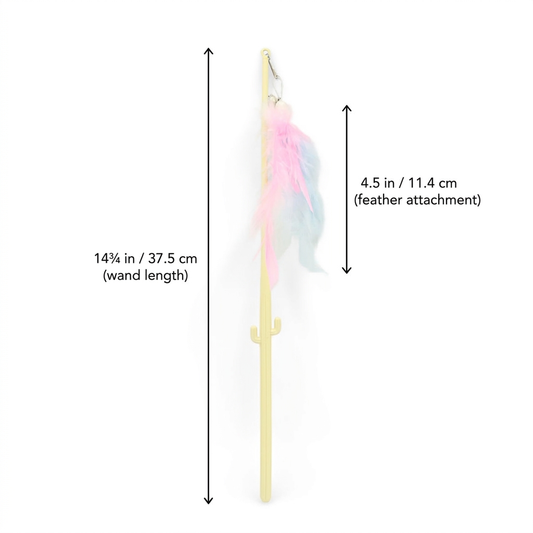 Yellow feather cat teaser wand toy with dimensions overlaid: 14¾ in / 37.5 cm (wand length) and 4.5 in / 11.4 cm (feather attachment).
