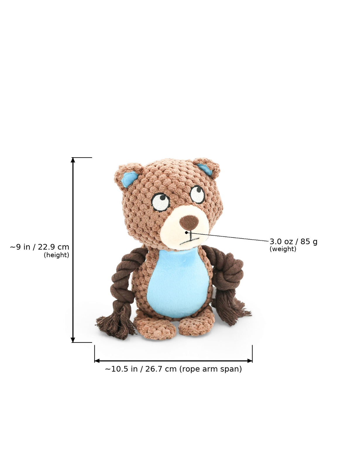 A front view of Snoozer the Bear dog toy with overlay arrows indicating measurements: height at ~9 inches (22.9 cm), rope arm span width at ~10.5 inches (26.7 cm), and weight at 3.0 oz (85 g).