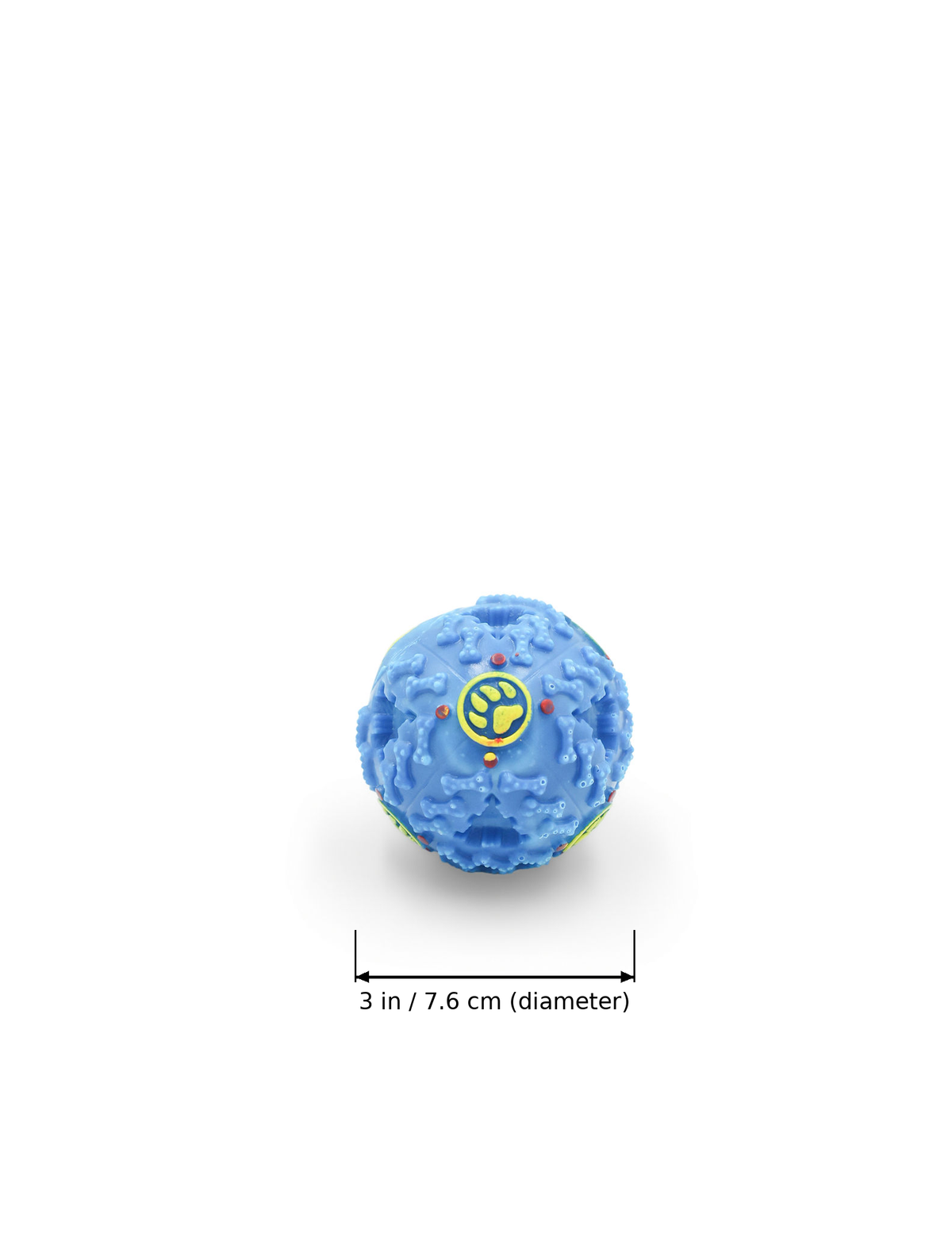 A small blue textured spherical product centered on a white background, with a measurement label below reading 3 in / 7.6 cm (diameter).