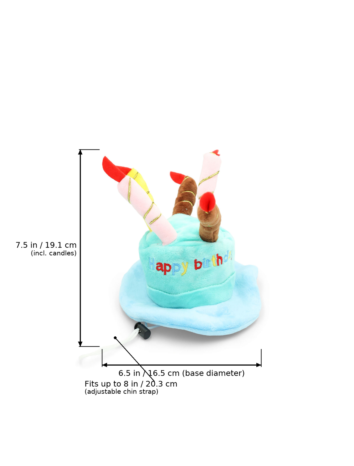 Blue birthday cake plush dog toy and wearable pet hat with measurement overlays indicating a height of 7.5 in (19.1 cm) including candles, a base diameter of 6.5 in (16.5 cm), and an adjustable chin strap fitting up to 8 in (20.3 cm).