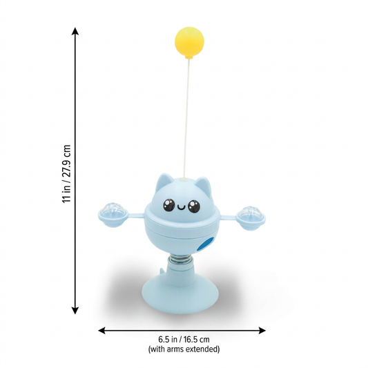 Blue suction cup rotating cat toy with measurement overlay arrows showing total height at 11 in (27.9 cm) to the top of the yellow teaser ball and total width at 6.5 in (16.5 cm) with arms extended.