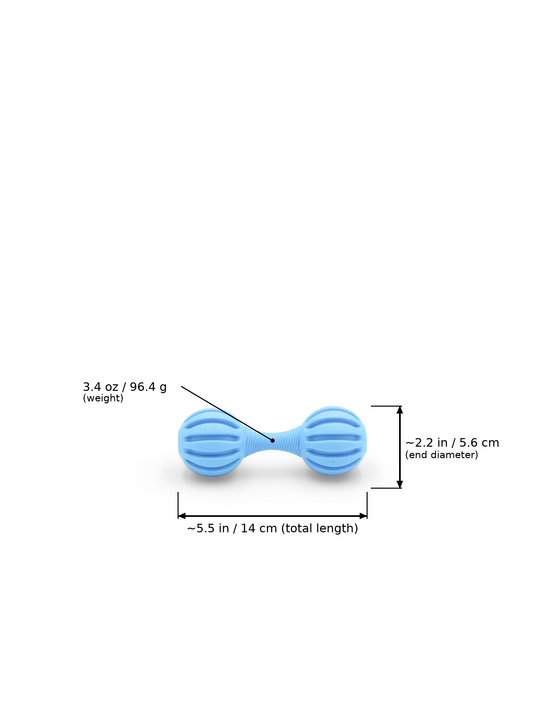 A light blue ribbed dual-ball dog toy shown on a white background with measurement callouts indicating total length of about 5.5 in (14 cm), end diameter of about 2.